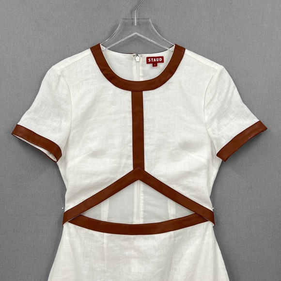 STAUD Dress Womens Small White Whiskey Perla Midi Linen Cut Out Sheath Leather - Picture 6 of 16